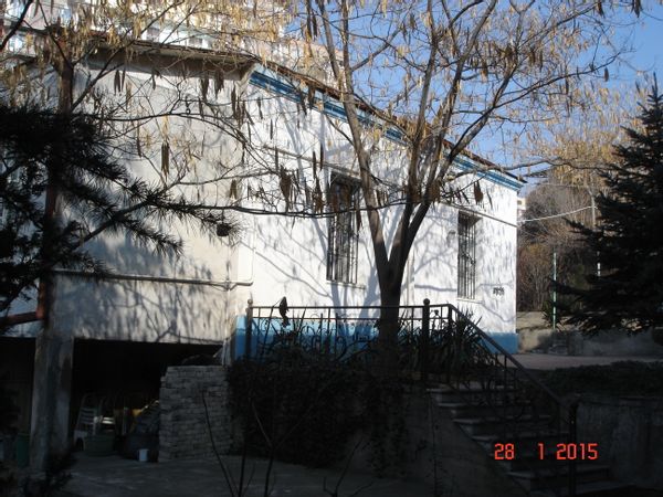 Detached house on a by-way, with a shady patio amid a garden of ornamental plants.