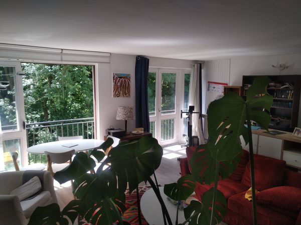 My flat is at second floor  view direct to forest.1 queen size bed  Large leaving room with sofa and couch  and a special working corner.  Training bycicle in the leaving room.
