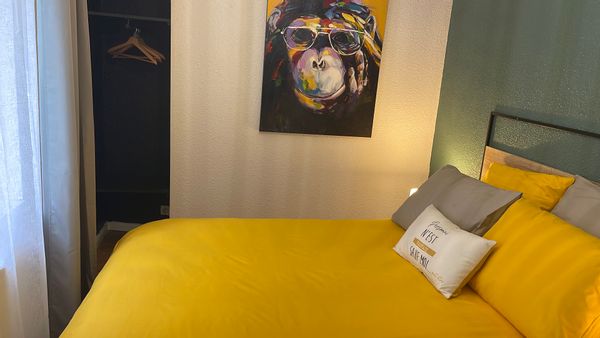 La maison de Estelle Au pied de la cité de Carcassonne. Dans une rue semi piétonne avec commerces .