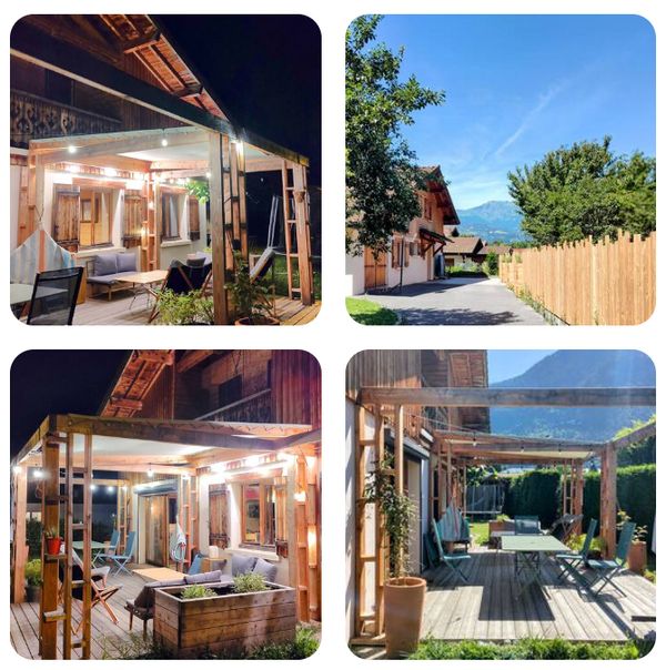 Belle maison, avec vue montagne et grande terrasse en bois végétalisée.