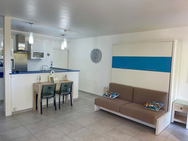 Grand studio lumineux avec une grande terrasse vue piscine et parc.