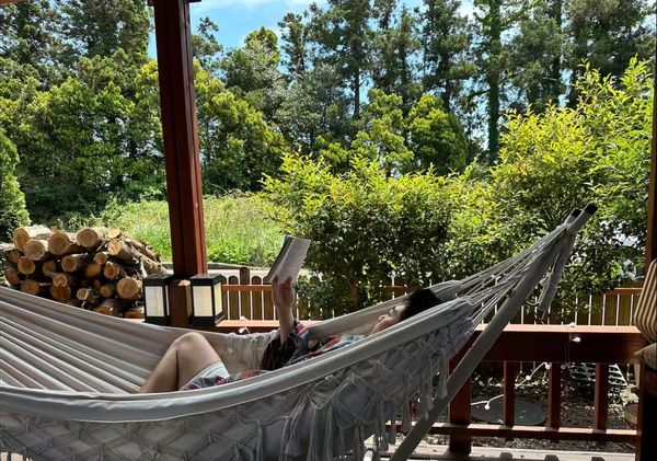 A cozy creative bookstay in a small log cabin with a garden and terrace, hosted by Airbnb Superhost